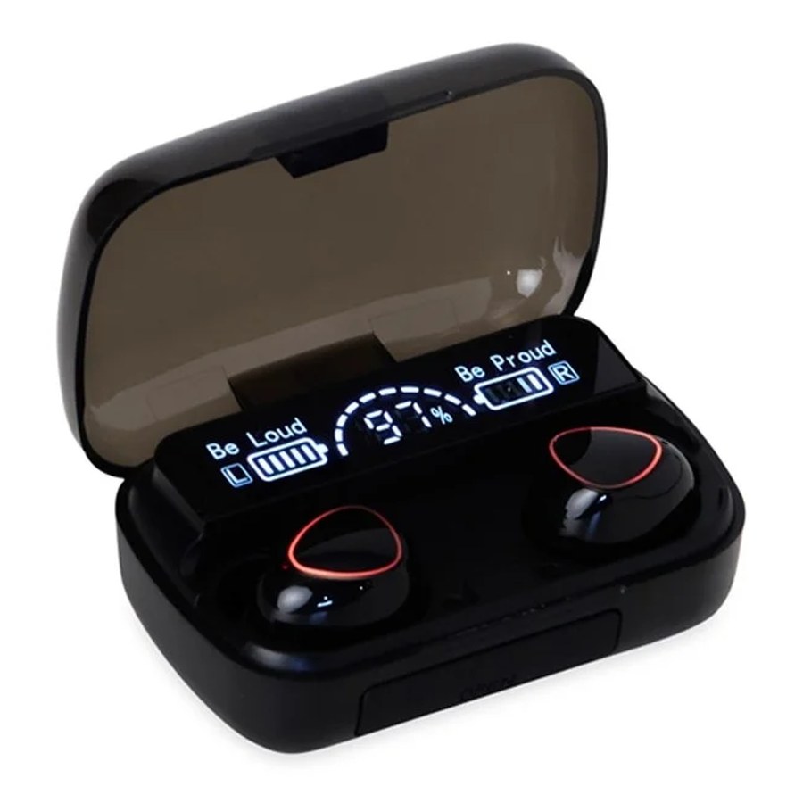 Fone Bluetooth preto no estojo aberto com visor LED mostrando 97% de bateria e o nível de carga dos fones esquerdo e direito